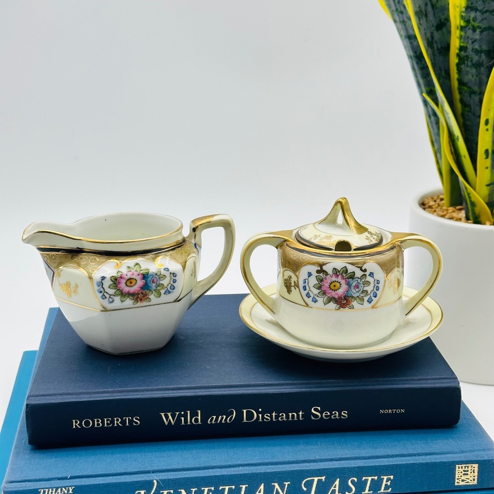 Noritake M Vintage Hand Painted Floral Porcelain Creamer and Sugar Bowl Set